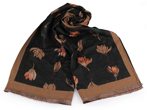 Shawl / Scarf Cashmere type with Fringes, Flowers 65x190 cm