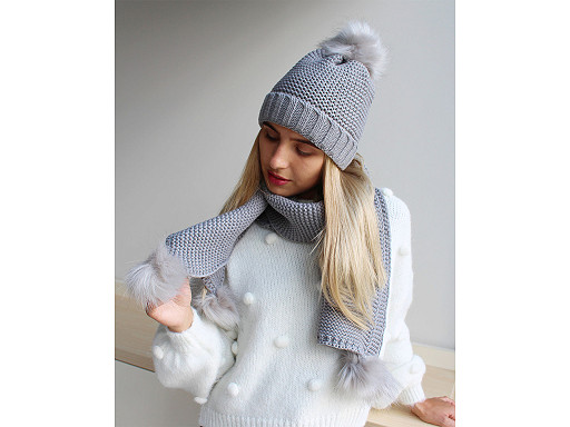 Set cappello e scialle, con pompon, da donna / ragazza