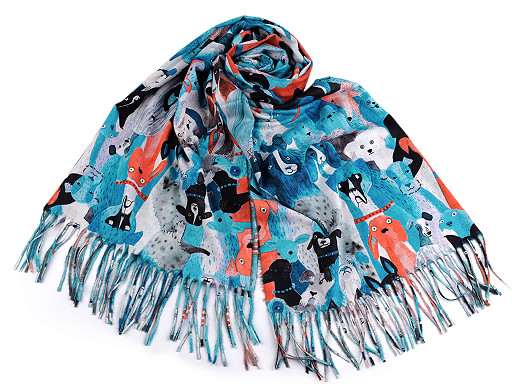 Cashmere scarf with fringes, dogs 70x180 cm