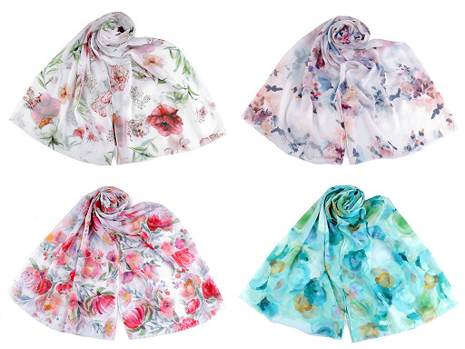 Summer scarf / shawl with painted flowers 70x180 cm