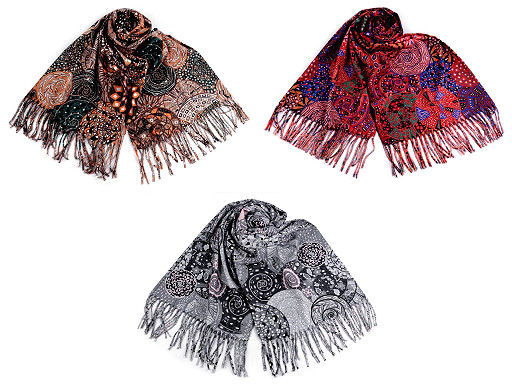Foulard/Châle à franges, motifs spirales, 70 x 180 cm