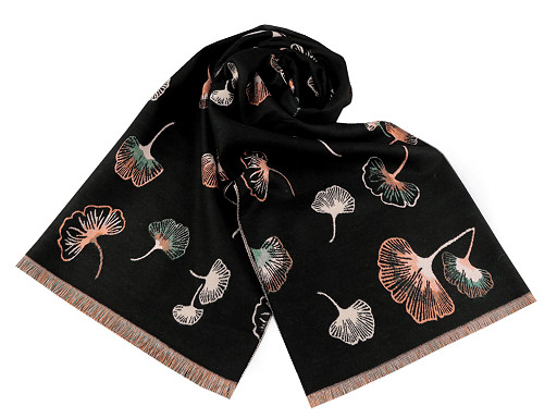 Cashmere type scarf with fringes, ginkgo 68x190 cm