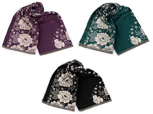 Cashmere type scarf with fringes, flowers 68x180 cm Cashmere type scarf with fringes, flowers 68x180 cm