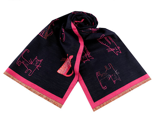 Cashmere type scarf with fringes, cats 68x190 cm