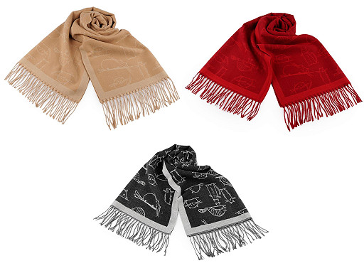 Eșarfă tip cașmir cu franjuri, pisici 65x180 cm