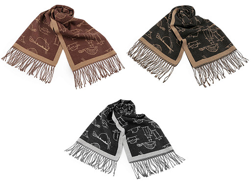 Cashmere type scarf with fringes, cats 65x180 cm