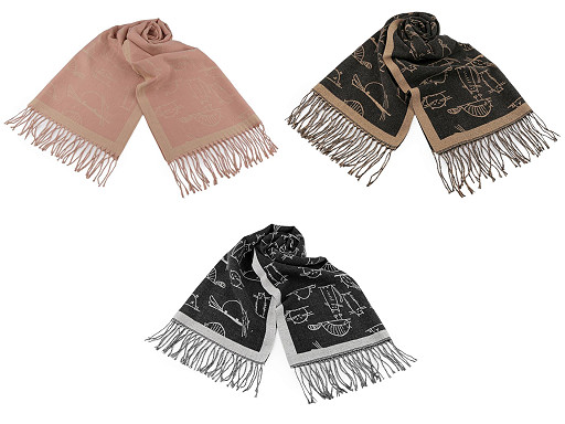 Cashmere type scarf with fringes, cats 65x180 cm