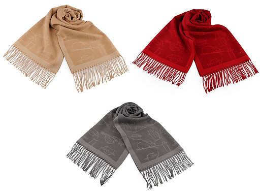 Cashmere type scarf with fringes, cats 65x180 cm