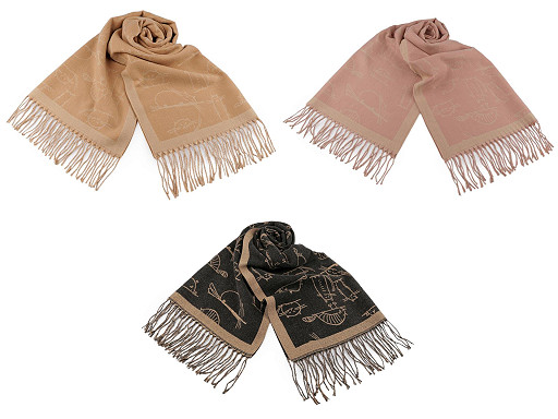 Cashmere type scarf with fringes, cats 65x180 cm