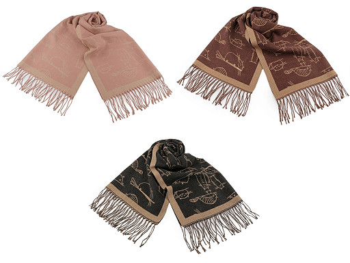 Cashmere type scarf with fringes, cats 65x180 cm