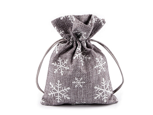 Weihnachtsgeschenkbeutel Schneeflocken mit Glitzer, 13 x 18 cm, Jute-Imitat