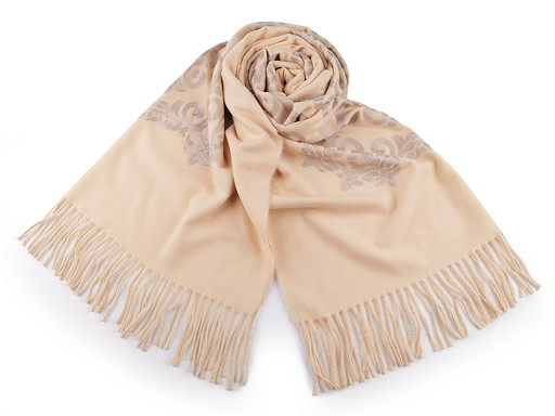 Shawl / wool scarf with fringes, embroidery 70x185 cm