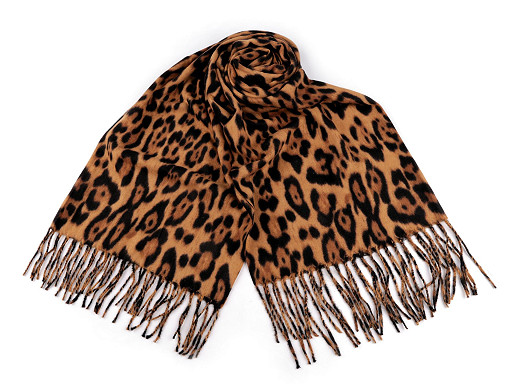 Scarf / shawl with fringe, warm, animal pattern