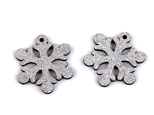 Fiocco di neve in legno, con glitter, decorazione da appendere, dimensioni: Ø 30 mm