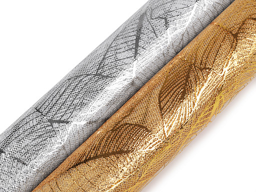 Tissu tulle décoratif, Feuilles métallisées, largeur 48 cm