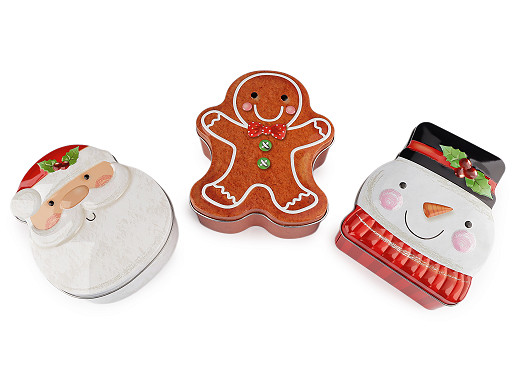 Vánoční plechová dárková krabička Santa, perníček, sněhulák