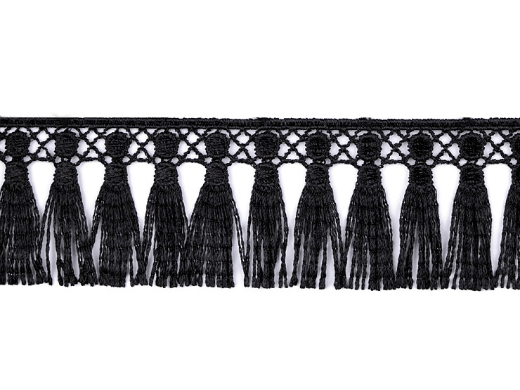 Guipure en dentelle polyester avec pompons et franges, largeur 45 mm