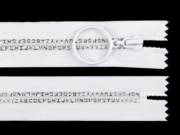 Kostěný zip šíře 5 mm délka 16 cm písmenka