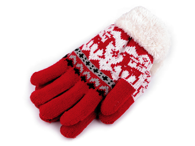 Girls Knit Gloves with Fur, Norwegian pattern