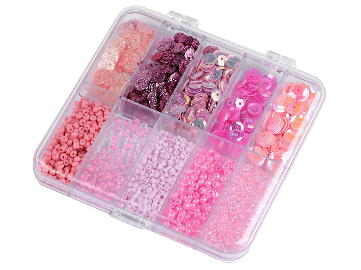 Set of seed beads and sequins in a plastic box