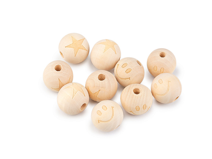 Unfinished Wooden Beads - Star, Smiley Face Ø20 mm