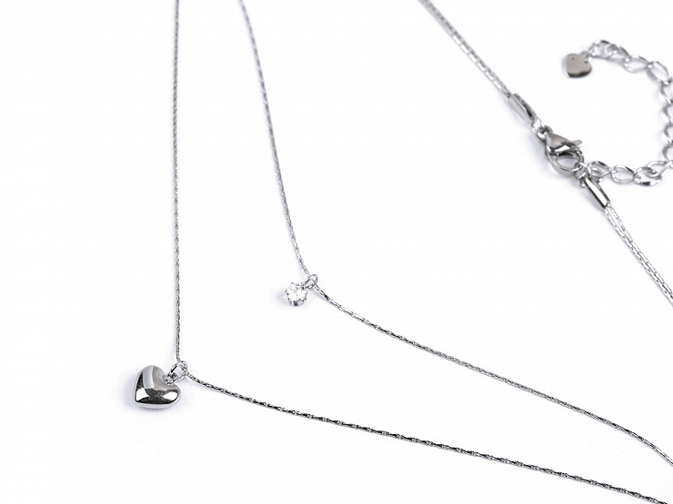 Stainless steel double necklace, heart with rhinestone