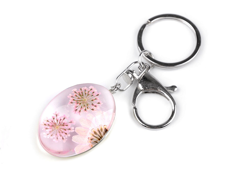 Porte-clés/Pendentif pour sac à main, fleurs pressées dans écrin ovale