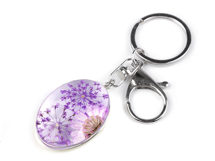 Porte-clés/Pendentif pour sac à main, fleurs pressées dans écrin ovale