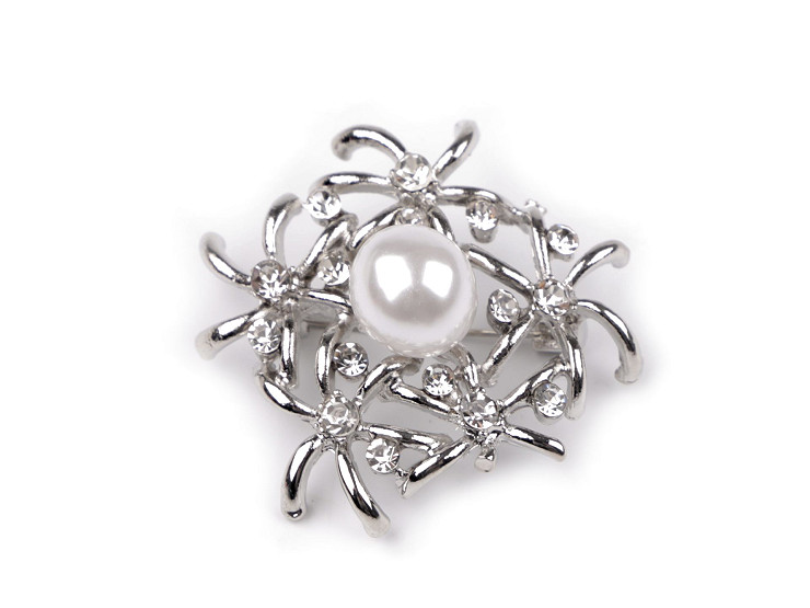 Brooch with Pearl Bead, Lotus, Ginkgo