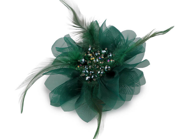 Brošňa so sklenenými brúsenými korálikmi a perím