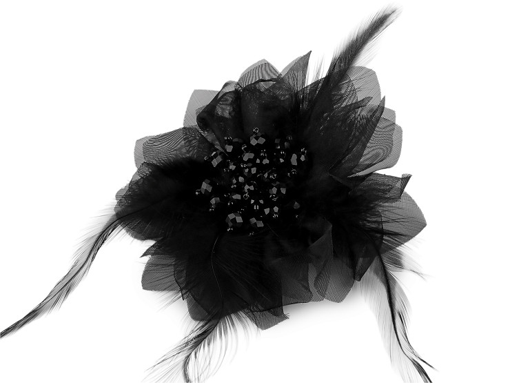 Brošňa so sklenenými brúsenými korálikmi a perím