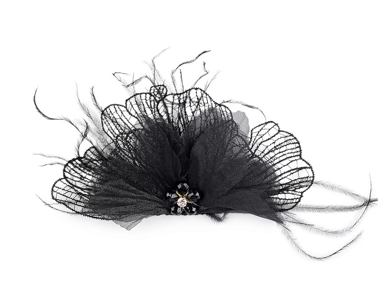 Brož se skleněnými broušenými korálky a peřím