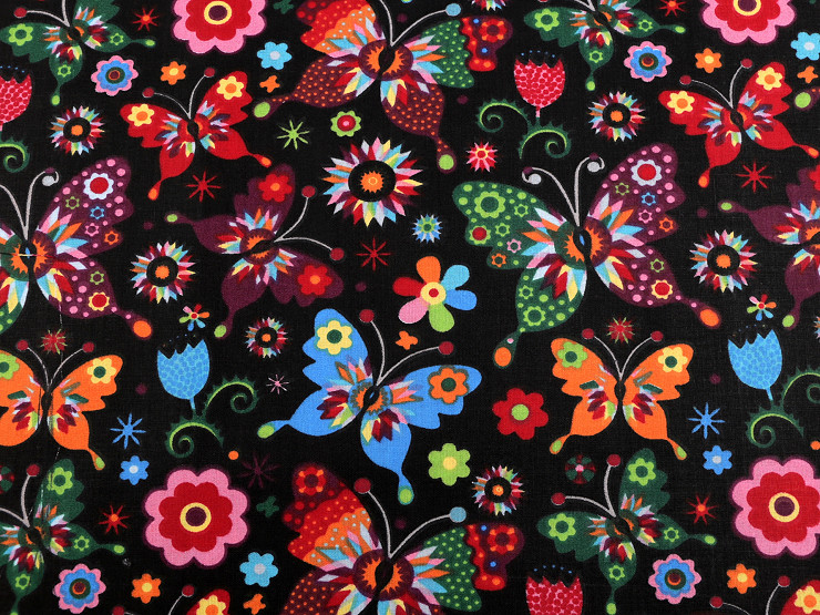 Tessuto di cotone/tela, motivo: farfalle e fiori