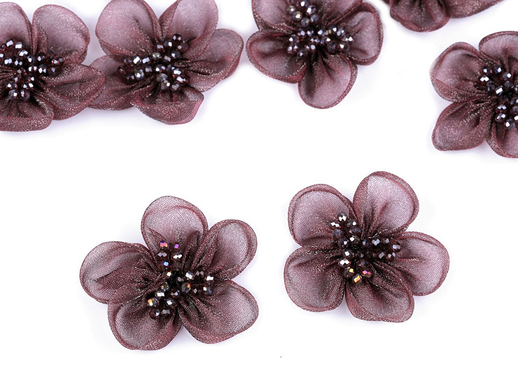 Fiore in organza, con perline, da cucire o da incollare, dimensioni: Ø 4,5 cm