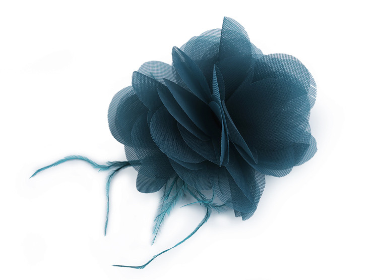 Kwiatek szyfonowy z piórkami do przyszycia / przyklejenia Ø8-9 cm