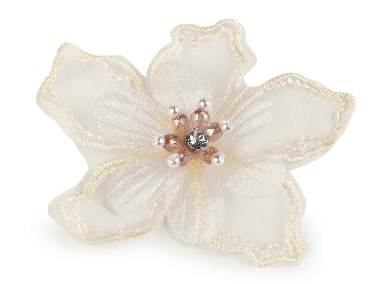 Blume mit Steinchen und Perlen zum Aufnähen und Aufkleben, Ø 8 cm