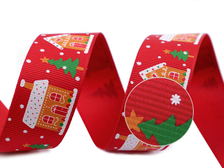 Vianočná rypsová stuha domčeky šírka 25 mm