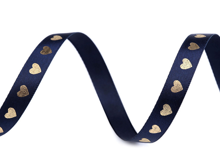 Satin ribbon with a metallic print, Heart, width 10 mm