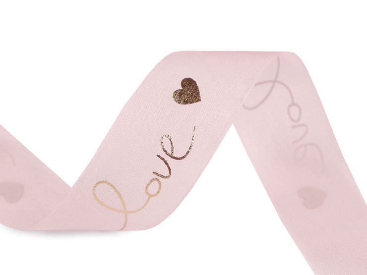 Monofilament ribbon with metallic "love" print, width 25 mm