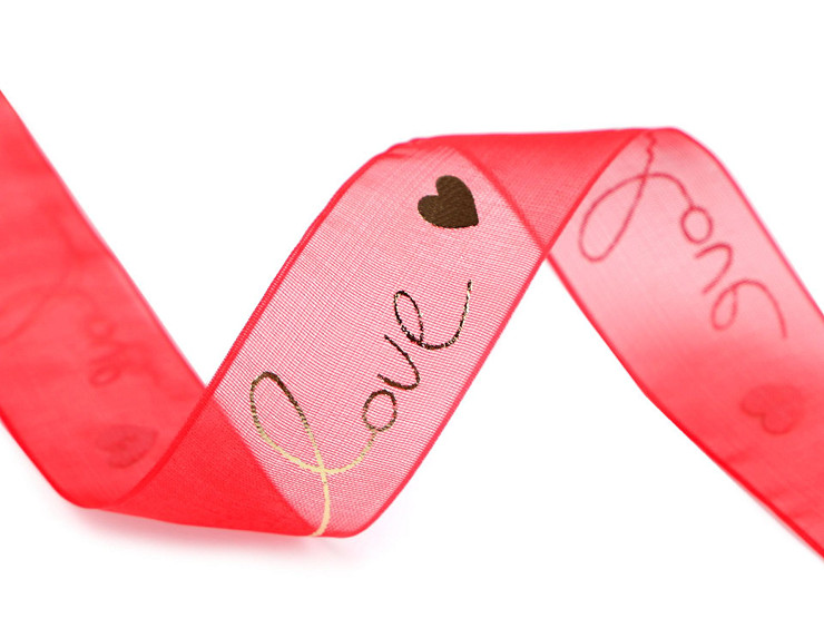 Monofilament ribbon with metallic "love" print, width 25 mm