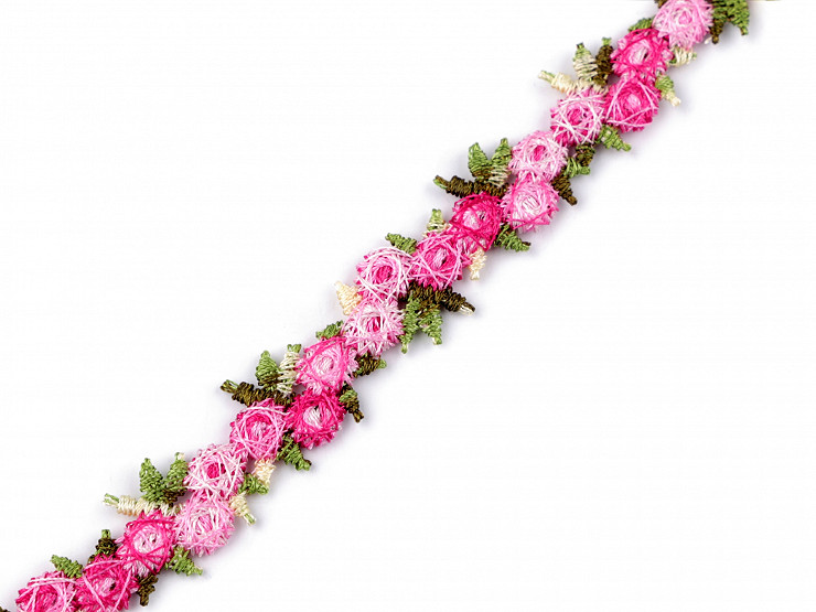 Bandă decorativă cu flori brodate în relief, lățime 15 mm