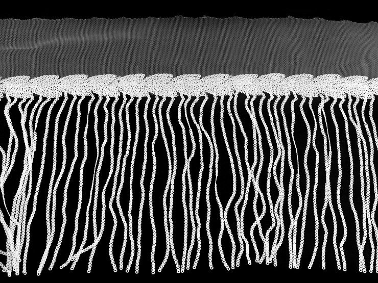 Treccia passamaneria, in monofilo, con frange di paillette, larghezza: 20 cm