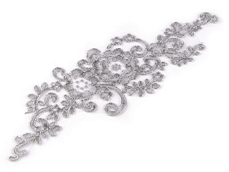  Adorno de encaje 3D, flores de Lurex en malla con perlas, 11,5 x 30 cm
