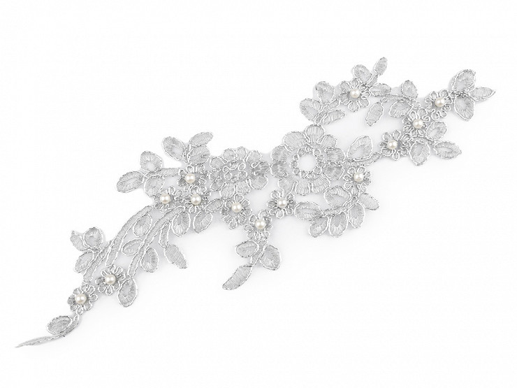 Adorno de encaje 3D, flores de Lurex en malla con perlas, 11,5 x 30 cm