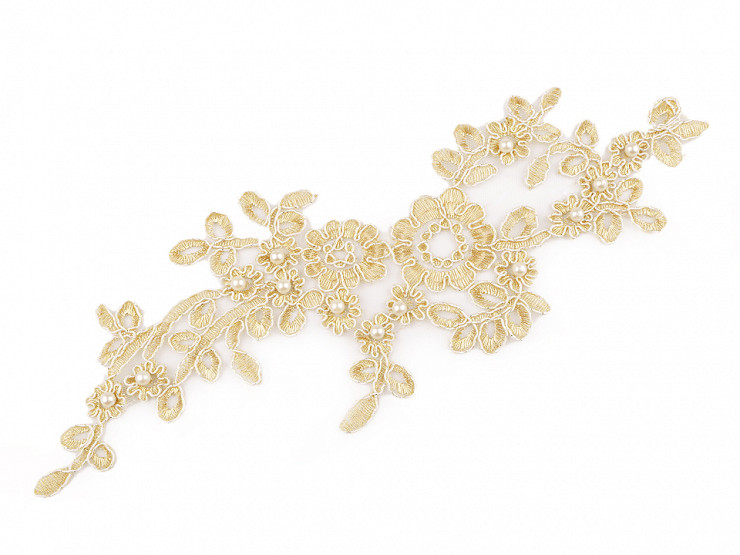 Adorno de encaje 3D, flores de Lurex en malla con perlas, 11,5 x 30 cm