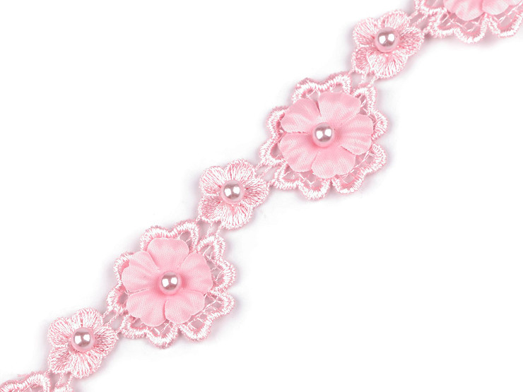 Dantelă guipure flori 3D cu perlă, lățime 30 mm