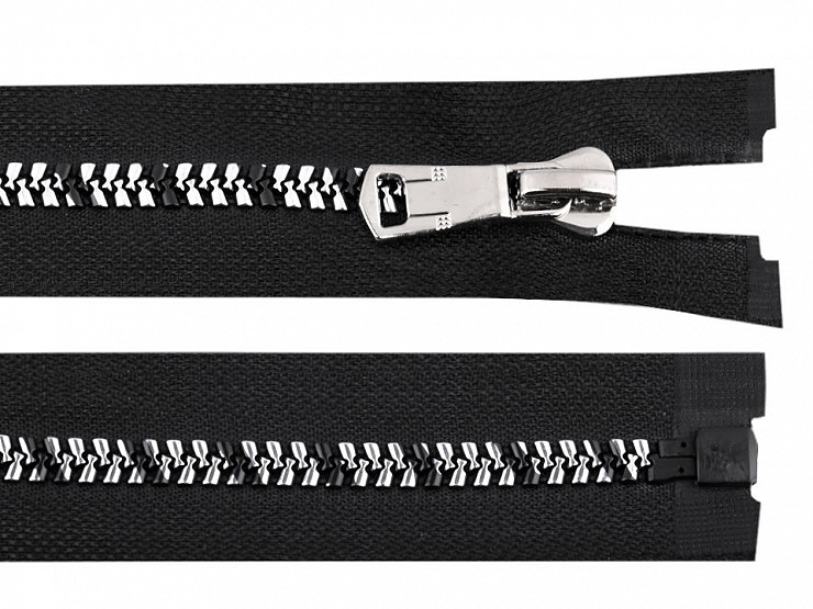 Zips kostený so strieborno-čiernymi zúbkami šírka 8 mm dĺžka 60 cm