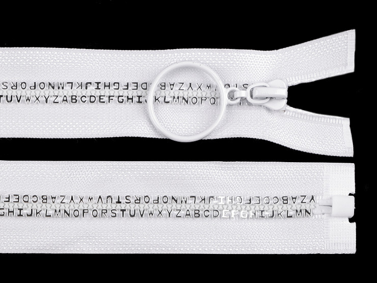 Kostěný zip šíře 5 mm délka 80 cm písmenka