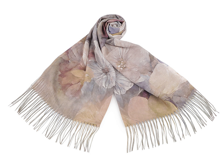  Sciarpa / scialle per il periodo estivo, con frange, motivo: floreale, dimensioni: 70 x 180 cm