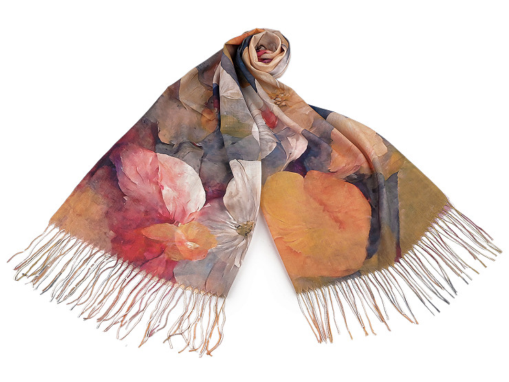  Sciarpa / scialle per il periodo estivo, con frange, motivo: floreale, dimensioni: 70 x 180 cm
